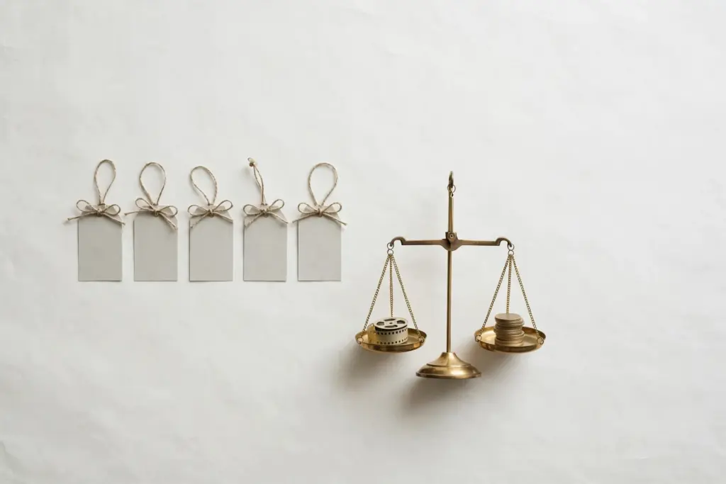 Flat-lay: a neat row of small blank price tags tied with string beside a brass balance scale weighing a tiny film reel against a stack of coins on a pale off-white desk