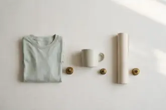 Flat-lay: three blank products in a row on a pale off-white background — a folded plain tee, a plain ceramic mug and a rolled paper poster — each with a small brass price-weight beside it
