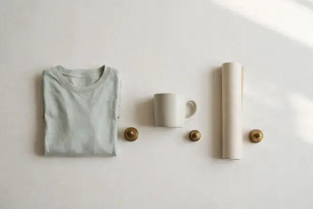 Flat-lay: three blank products in a row on a pale off-white background — a folded plain tee, a plain ceramic mug and a rolled paper poster — each with a small brass price-weight beside it
