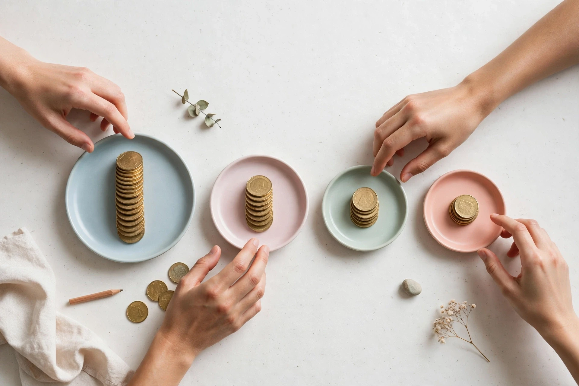 Flat-lay: a tall stack of coins shrinking step by step across four small pastel dishes of decreasing size on a pale off-white desk