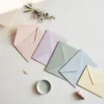 Flat-lay: a single cream envelope at the start of a growing trail of pastel envelopes fanning outward across a pale off-white desk