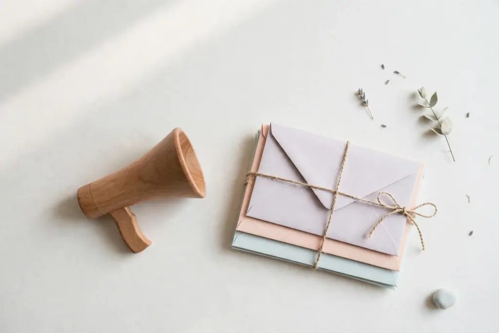 Flat-lay: a small wooden megaphone resting beside a neat stack of sealed pastel envelopes tied with twine on a pale off-white desk