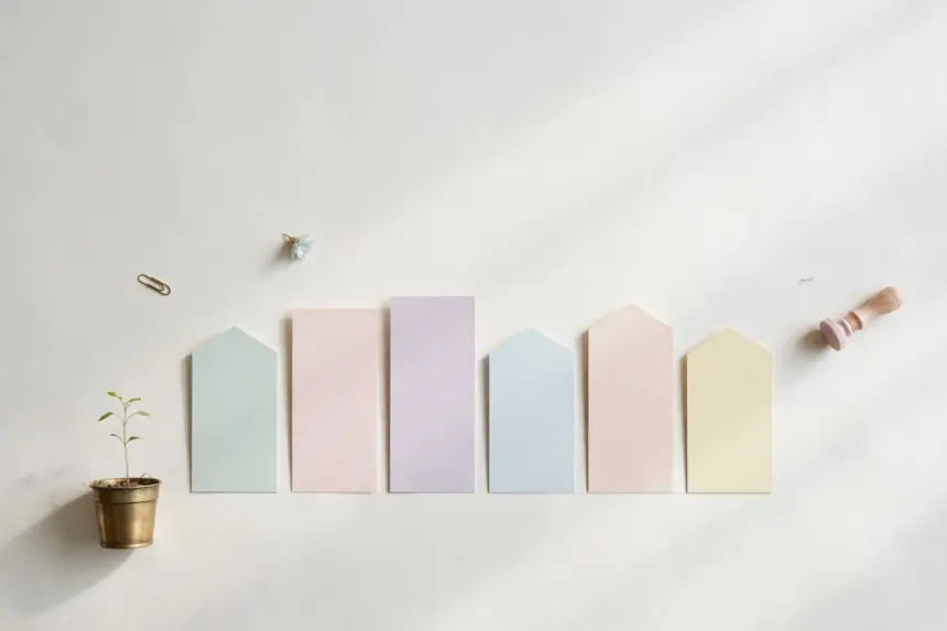 Flat-lay: a tiny potted seedling in a brass pot beside a neat row of small pastel cards standing upright like a miniature skyline on a pale off-white background