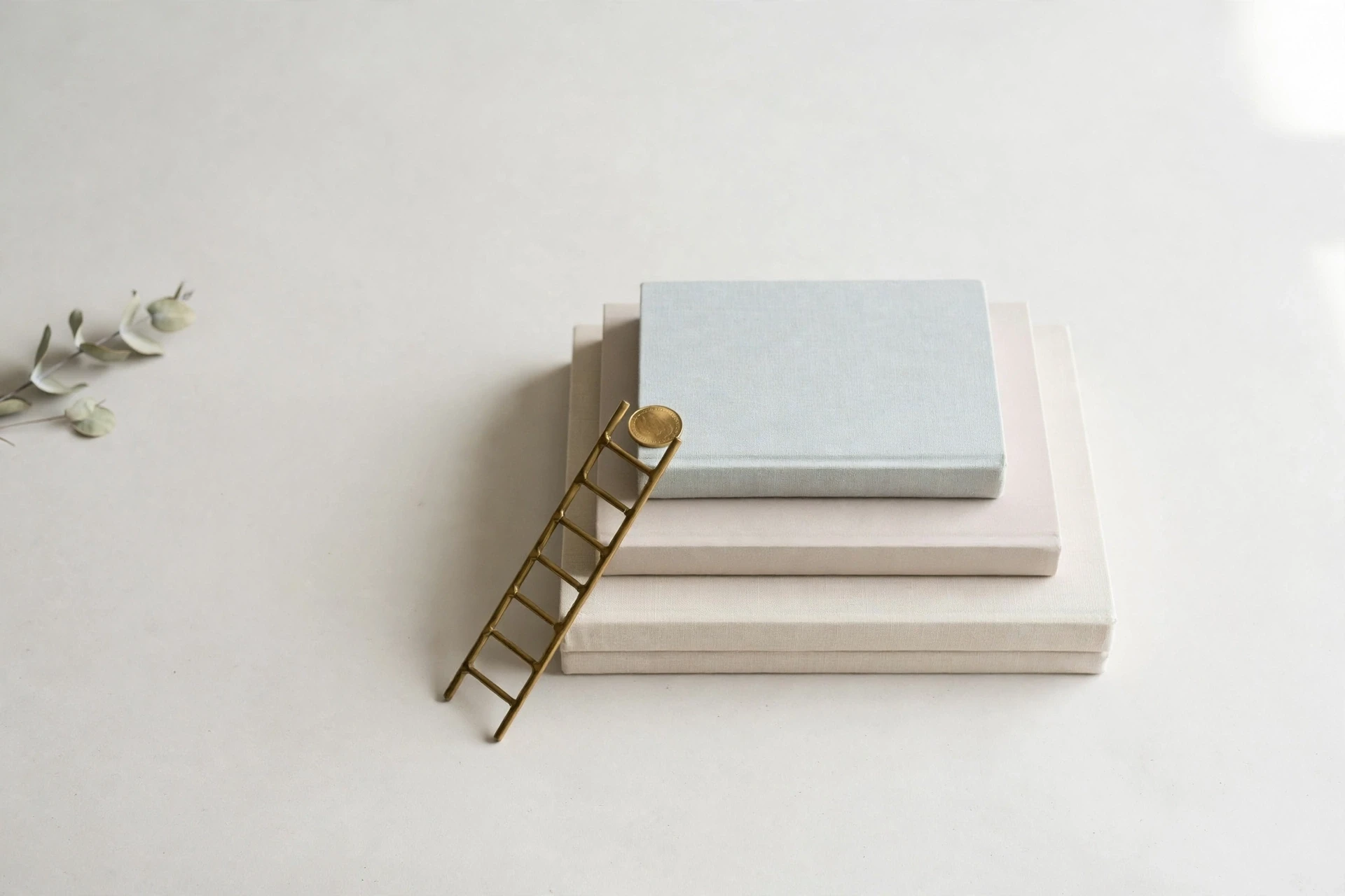 Flat-lay: a small brass ladder leaning against a stack of three pale books of increasing size, with a single gold coin resting on the top step, on an off-white background