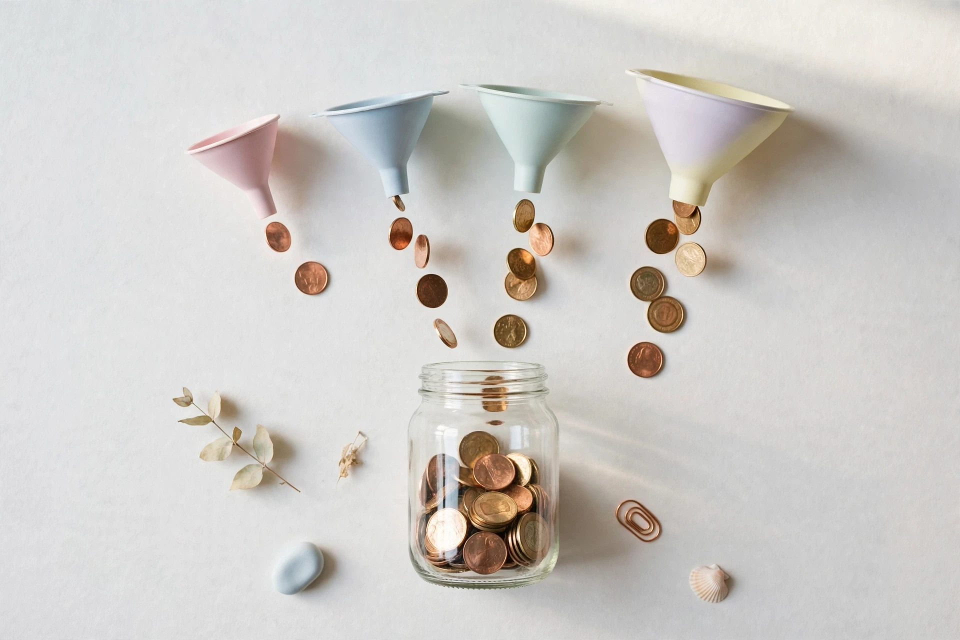 Flat-lay: a clear glass jar of coins with four small pastel funnels of different widths hovering above it on a pale off-white background
