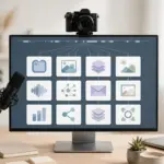 A content repurposing pipeline turning one recording into twelve asset cards on a studio monitor