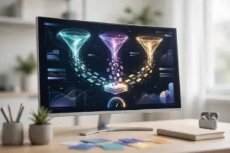 Deep research API cost per finished report: three research funnels pouring sources into one report on a monitor
