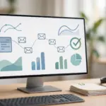 Invoice chasing automation with n8n: an invoice traveling a reminder workflow toward a paid check on a monitor