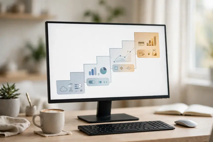 The marketing automation ladder for a one-person business: four ascending tool steps on a monitor