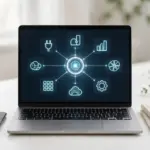 MCP servers for business automation shown as a laptop connecting AI to business apps through one glowing hub
