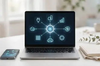 MCP servers for business automation shown as a laptop connecting AI to business apps through one glowing hub