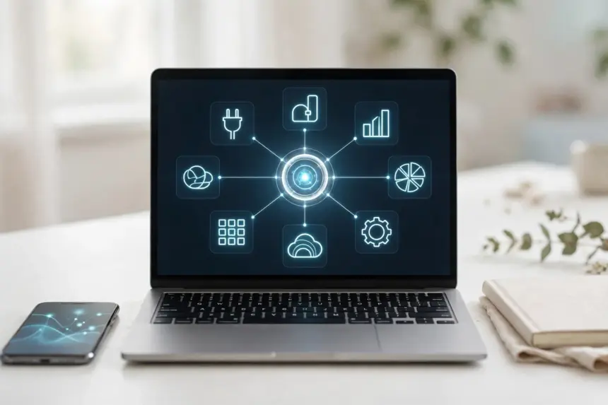 MCP servers for business automation shown as a laptop connecting AI to business apps through one glowing hub