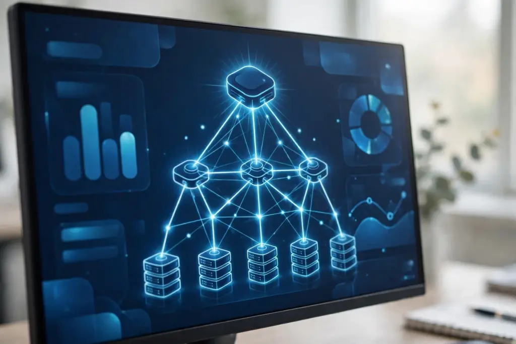 How MCP works: host, client and server connected in a glowing node network on a monitor