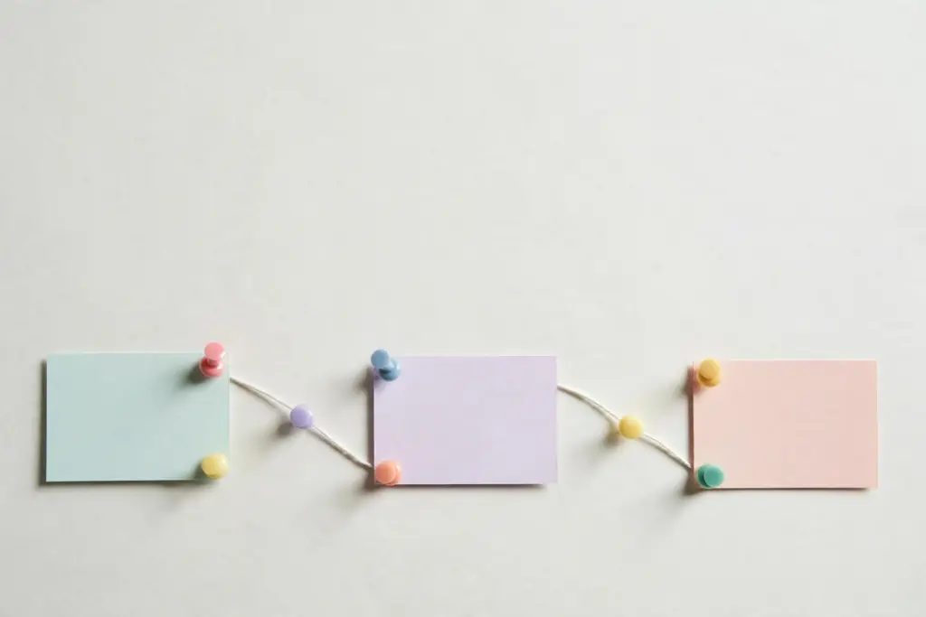Pushpins and string connecting cards — visualizing workflow steps across platforms
