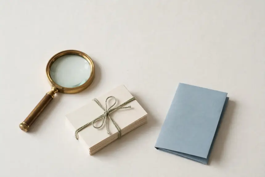 Vintage magnifying glass with research report and index cards — comparing AI research tools