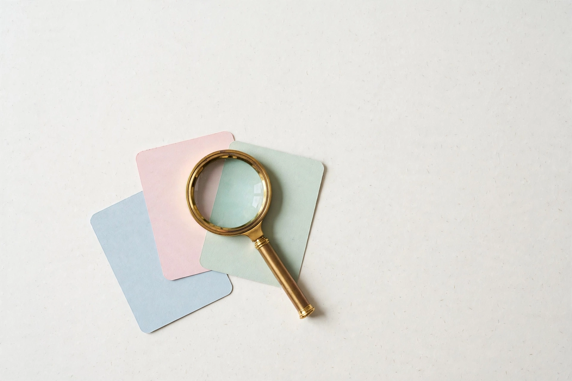 Brass magnifying glass over pastel cards — source verification