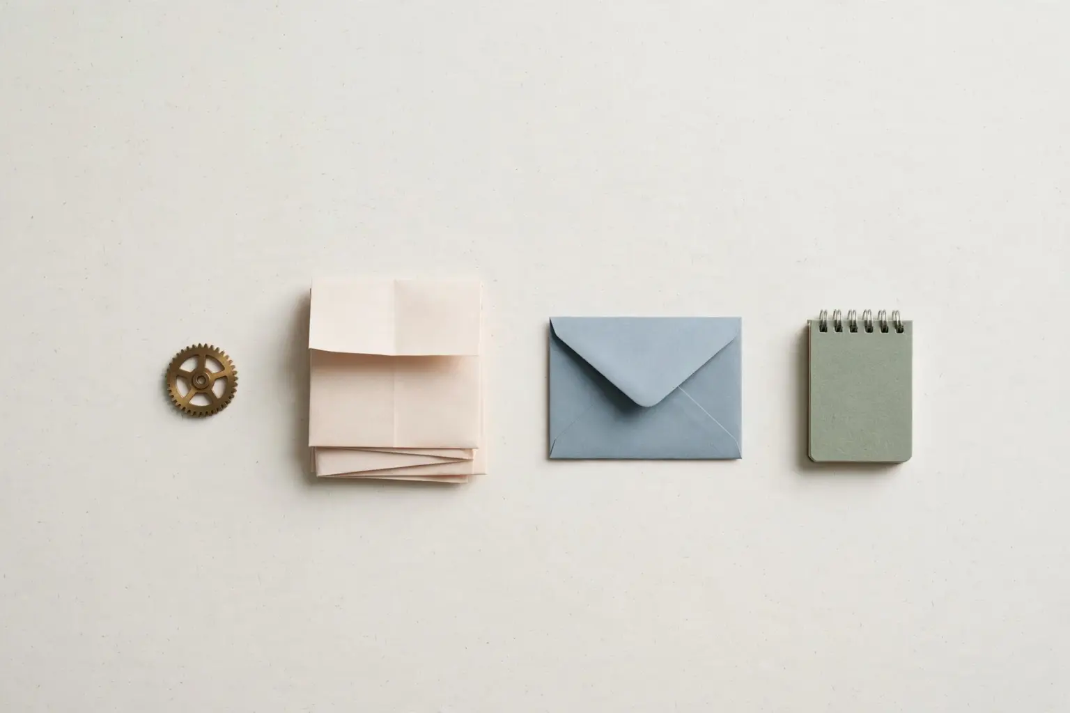 Brass gear, newsletter, envelope and notebook — one-person business toolkit