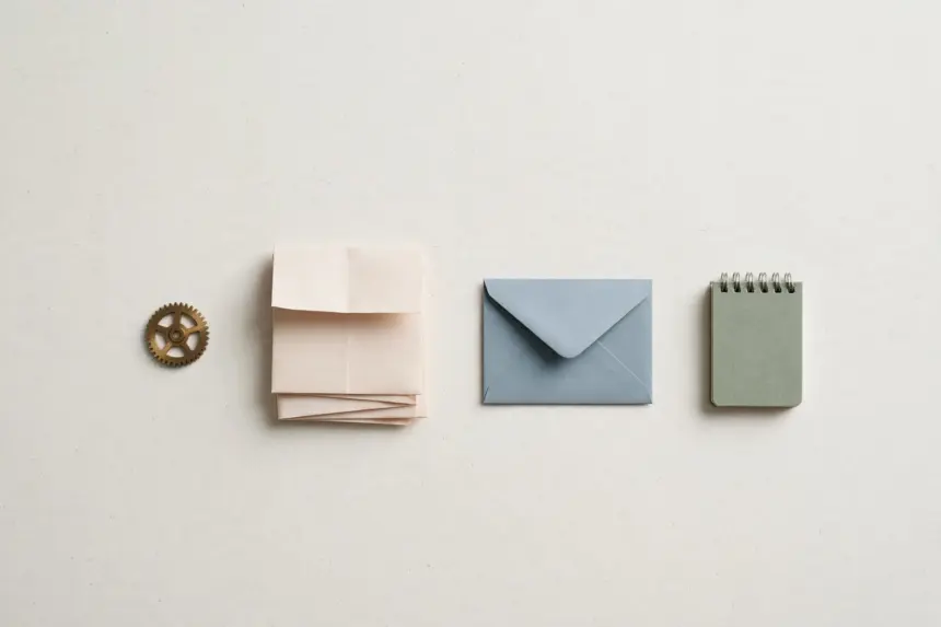 Brass gear, newsletter, envelope and notebook — one-person business toolkit