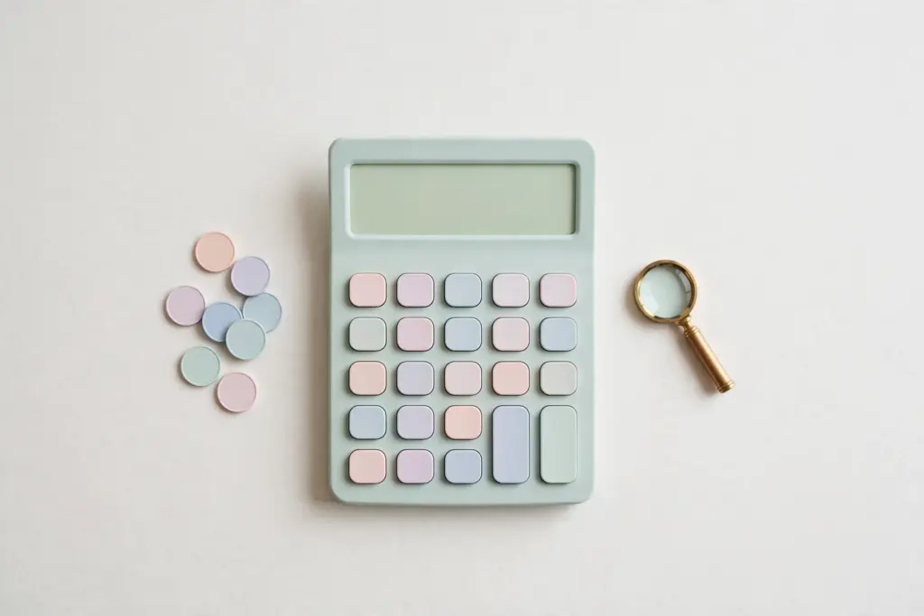Pastel calculator with coins and magnifying glass — cost per resolution