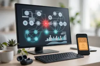 n8n error handling in production: a failed node caught by an error workflow with a phone alert on the desk