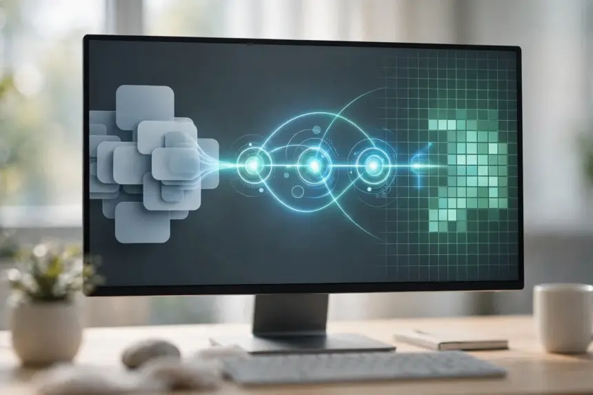 n8n workflow blueprints for lead enrichment shown as a pipeline turning raw contacts into a scored spreadsheet on a monitor