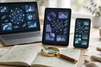 Perplexity vs ChatGPT vs Claude for deep research compared across three devices on a research desk