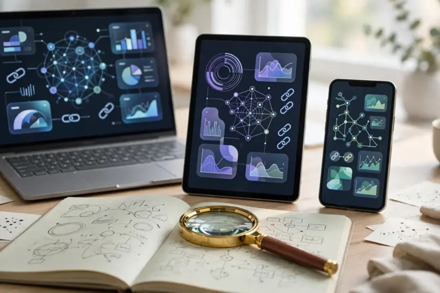 Perplexity vs ChatGPT vs Claude for deep research compared across three devices on a research desk
