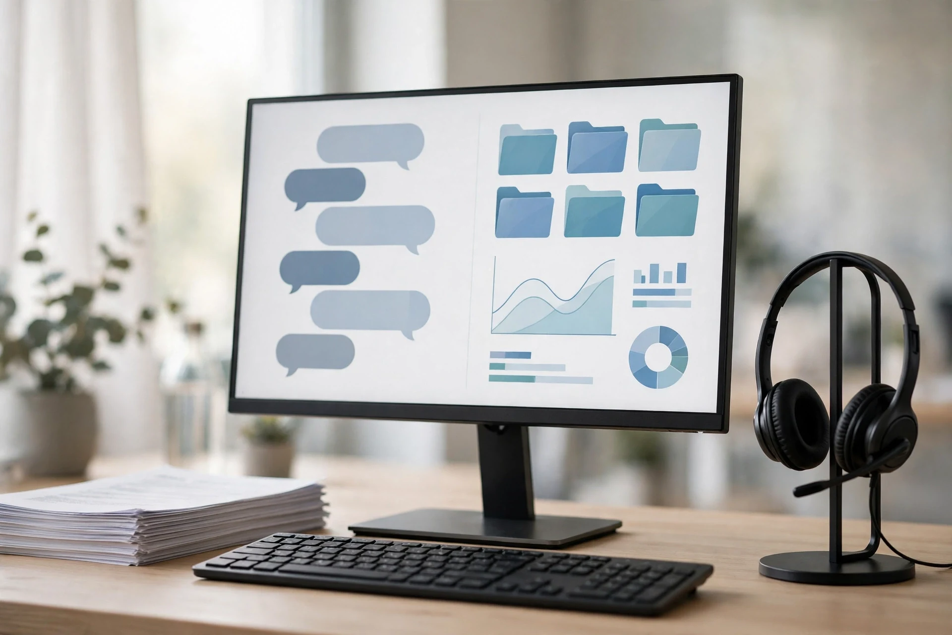 Small business support desk running a RAG chatbot with documents and a headset