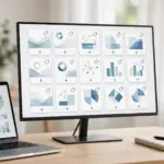 Selling n8n workflow templates: a digital storefront shelf of template cards with download arrows on a monitor