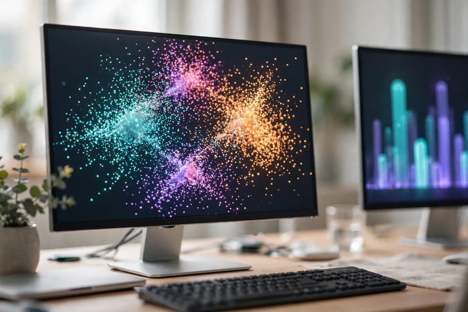 Vector database pricing visual: thousands of glowing embedding points mapped in 3D space on a monitor