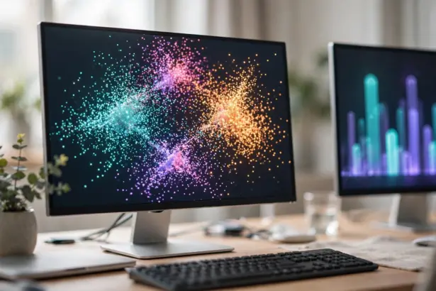 Vector database pricing visual: thousands of glowing embedding points mapped in 3D space on a monitor